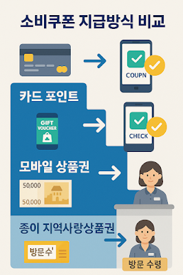 카드 포인트, 모바일 상품권, 종이 지역사랑상품권으로 받는 방법을 계단식으로 정리한 인포그래픽. 종이형은 방문 수령 필요함을 강조.