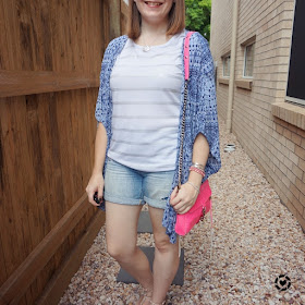 awayfromblue Instagram | denim shorts navy kimono stripe foil print tee with pink accessories mini mac bag for movies