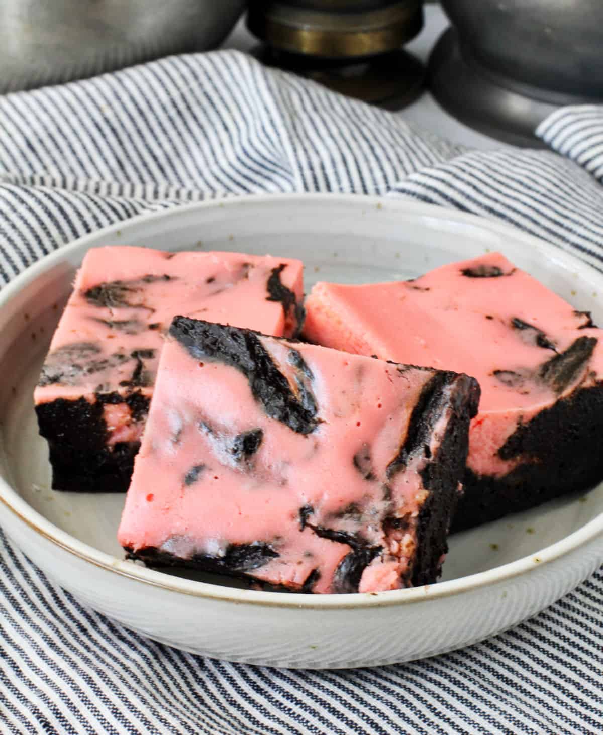 Peppermint Cheesecake Swirl Brownies in a Bowl.