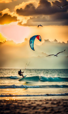 Kite surfer on tropic sea at sunset