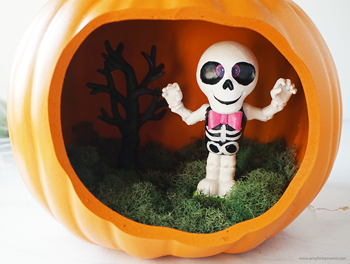 Pumpkin Diorama with Skeleton and Moss