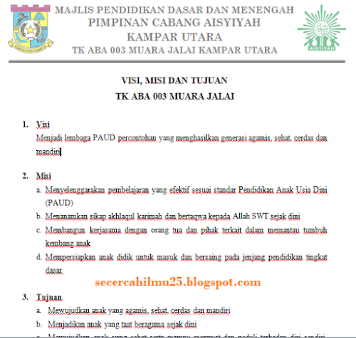 Contoh Visi, Misi Dan Tujuan Tk Sesuai Dengan Evaluasi Setiap Point Ratifikasi Paud