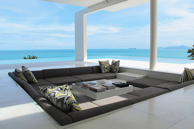 Picture of modern sunken sofa with ocean view