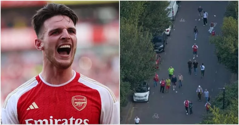 Arsenal fans spotted leaving Emirates before late match-winning goals by Declan Rice and Gabriel Jesus