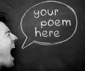 man yelling in front of chalk board with text bubble saying your poem here