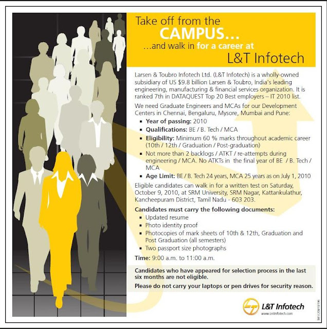 L&T Infotech conducting walk-ins for freshers at Chennai