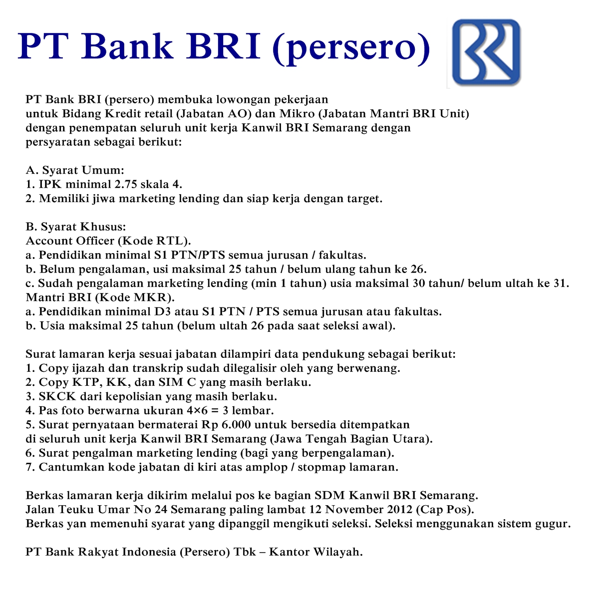 LOWONGAN KERJA PT BANK BRI - Lowongan Kerja Bank Terbaru 
