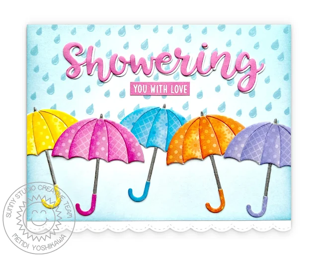 Sunny Studio Showering You With Love Baby or Bridal Shower Umbrella Card (using Rainy Days, Hayley Alphabet, Ribbon & Lace Border Dies and Spring Fever, Gingham Pastel & Spring Fling Paper)