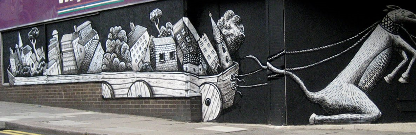 Photograph of Phlegm's piece on the shutters of an abandoned shop on the Moor.