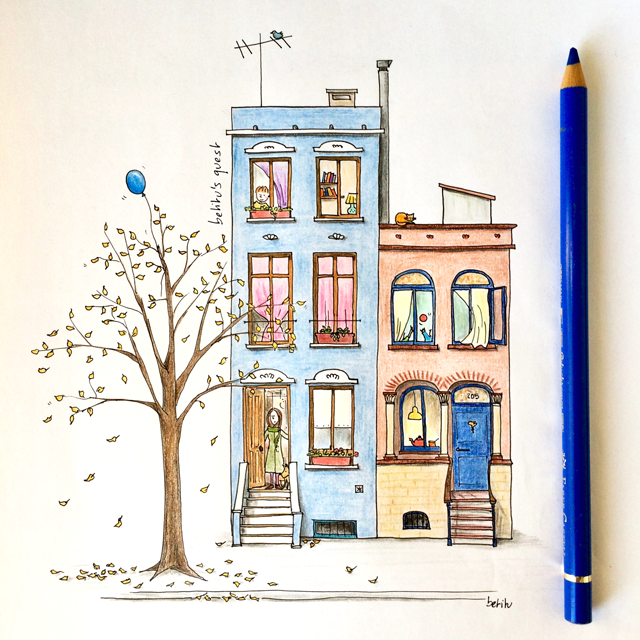 Blue balloon - Hand illustrated facades by betitu