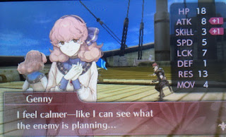 Genny, a pink haired woman in a pink dress with blue collar, her hands clasped in front of her, says "I feel calmer. Like I can see what the enemy is planning."