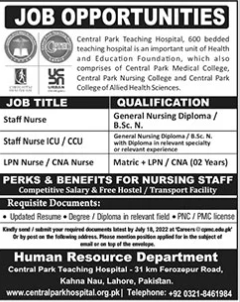 Latest Jobs Open in Central Park Teaching Hospital Lahore