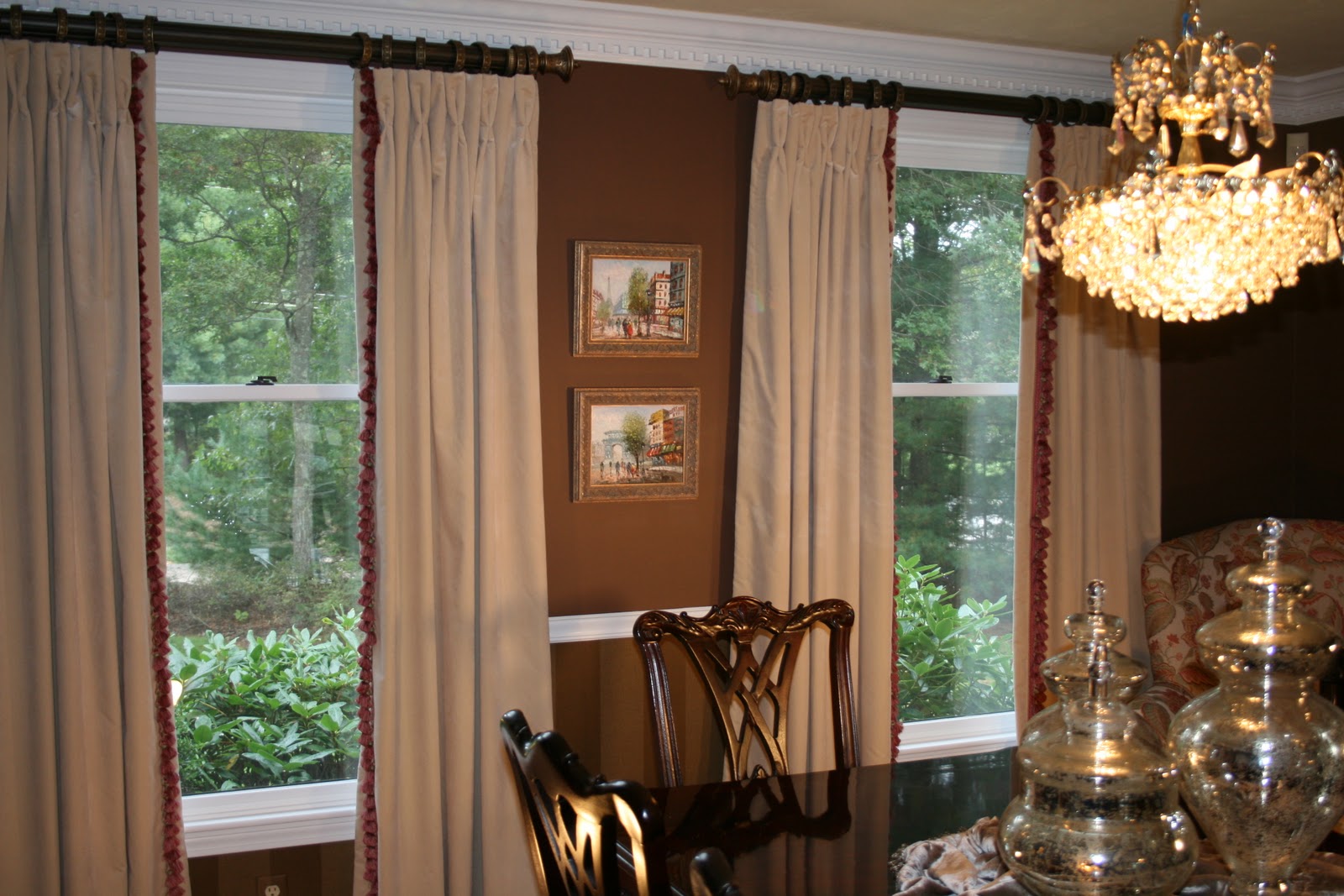 The velvet window treatments are interlined which gives them  title=