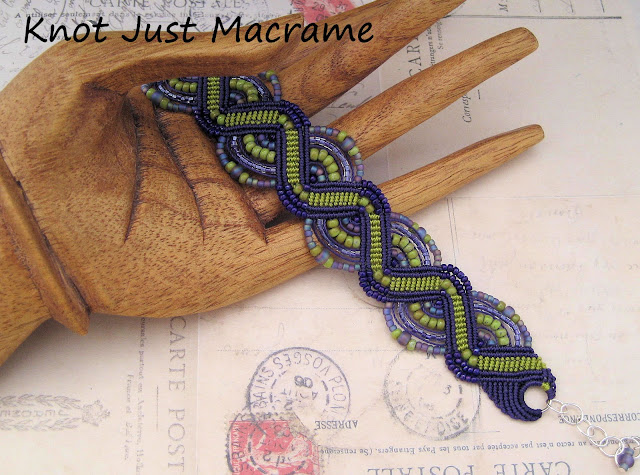 Micromacrame bracelet in chartreuse green and purple from Knot Just Macrame