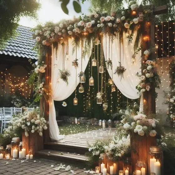 uma decoracão de casamento com um arco com flores