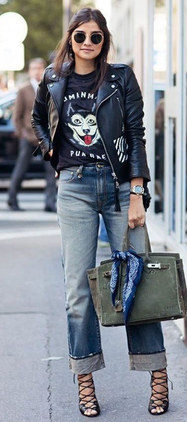 street style addiction / leather jacket + printed top + bag + boyfriend jeans + lace up heels