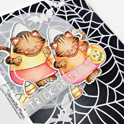 Trick or Treat Card by Samantha Mann for Newton's Nook Designs, Halloween, Newton's Nook, Candy Corn, Embossing Paste, #newtonsnook #newtonsnookdesigns #halloween #halloweencards #candycorn