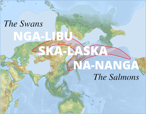 map of the Siberian Ocean in Ice Ages. The West branch of the Coastal Sailors enters Siberia as The Swans SHABA-LIBU; the East branch sails the coasts as Salmons SHAKA-LAKA