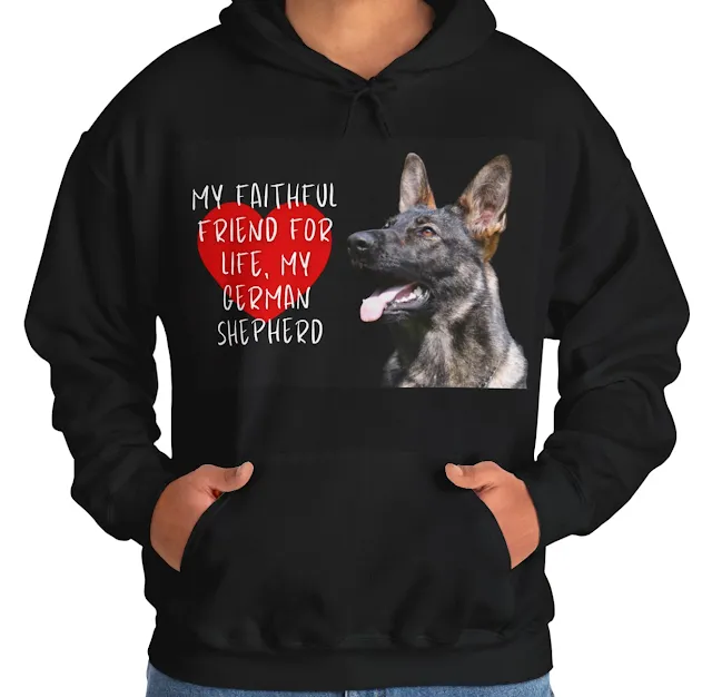 A Hoodie With Large Gorgeous Dark Sable with a Stunning Coat and Athletic Build Working Line German Shepherd and Caption Faithful Friend