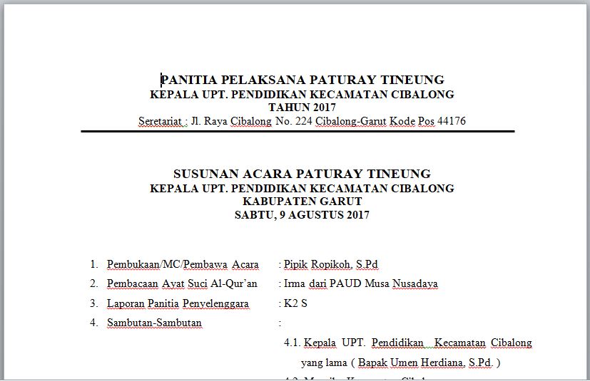 Susuanan Panitia, Surat Undangan, Susunan Acara Lepas 