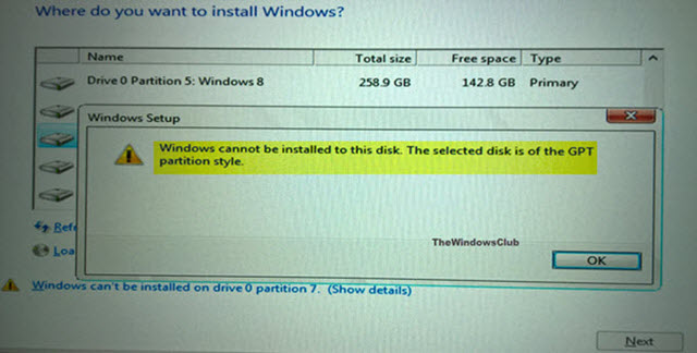 حل مشكلة رسالة الخطأ Windows Cannot Be Installed To This Disk عند