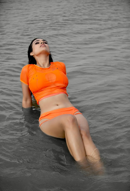 Hottest Bollywood Actres Neha Malik Hot in orange Swimsuit Bikini