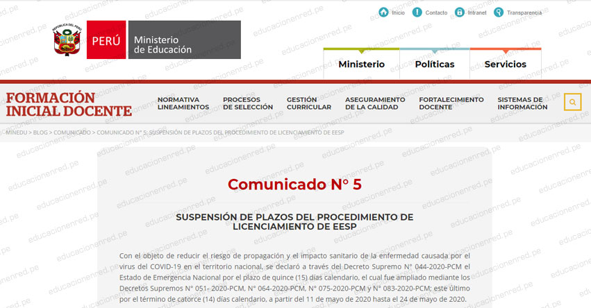 COMUNICADO MINEDU: Suspensión de plazos del procedimiento de licenciamiento de EESP (Reinicio 11 Junio)