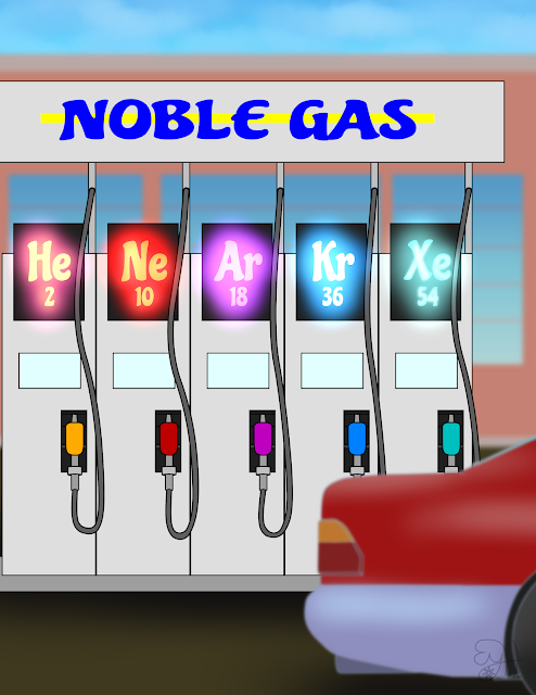 A car parks at a "noble gas station," featuring the elements helium, neon, argon, krypton, and xenon.