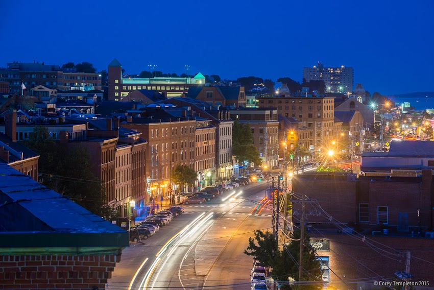 Nighttime view of the Old Port of Portland, Maine USA 321 Commercial Street from Marriott Hotel roof. Photo by Corey Templeton.