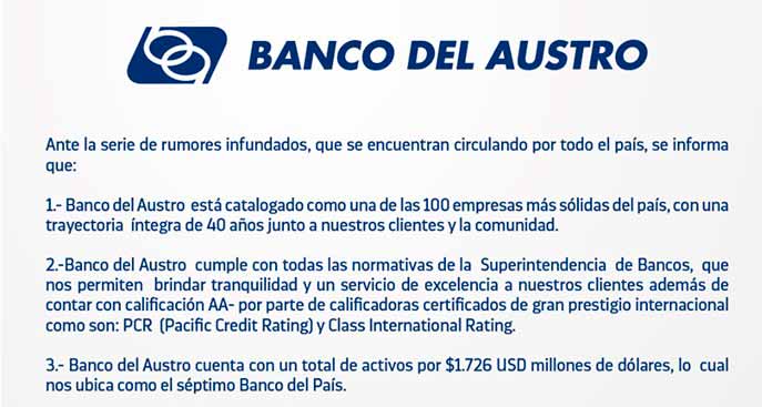 Banco del Austro - Ante la serie de rumores infundados que se encuentran circulando por todo el país - Los cliente del banco del austro están sacando sus fondo por lo acontecido estos últimos días