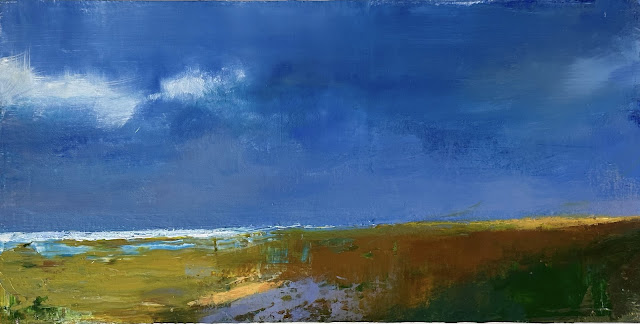 Dramatic coastal landscape painting with dark blue sky and russet grasses, spit of shining water by artist Steve Allrich.