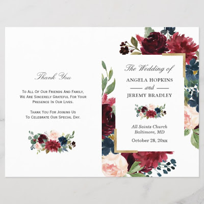  Modern Burgundy Floral Folded Wedding Program