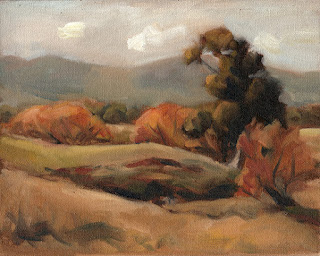 Oil painting of trees near a creek with distant hills.