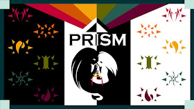 The colorful Prism Kickstarter cover with symbols decorating the sides, a rainbow of colors at the top, and two figures handfasted together in the center