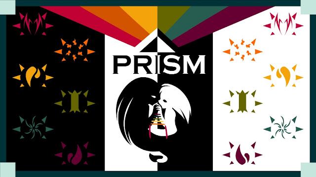 The colorful Prism Kickstarter cover with symbols decorating the sides, a rainbow of colors at the top, and two figures handfasted together in the center