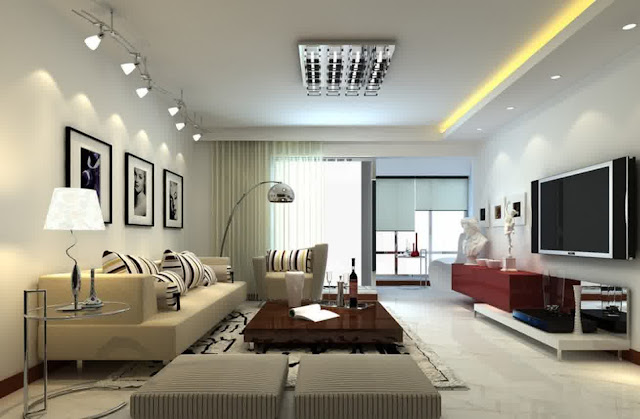 wonderful living room with modern light fixtures and recessed downlights patching on the ceiling room completed with modern light brown sofa plus short brown lacquered coffee table
