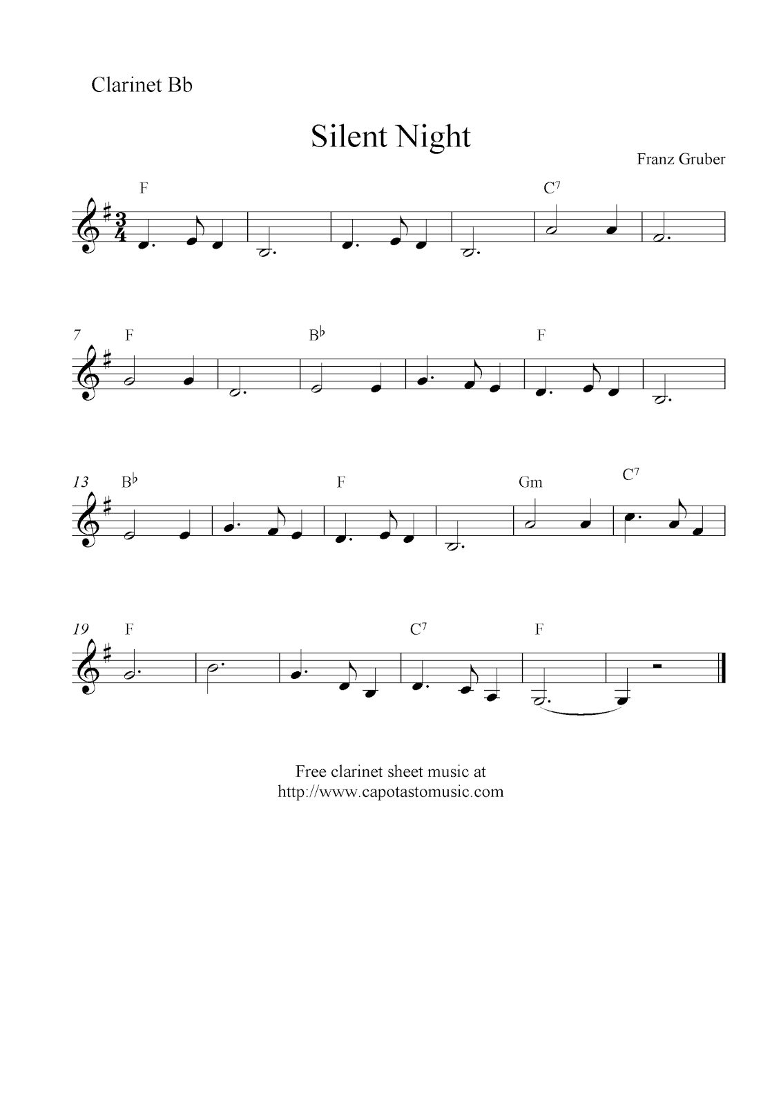 Silent Night, free Christmas clarinet sheet music notes