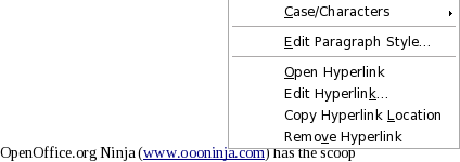 Screenshot: OpenOffice.org 3.1 new feature to open, edit, copy, or remove hyperlink by right clicking on it
