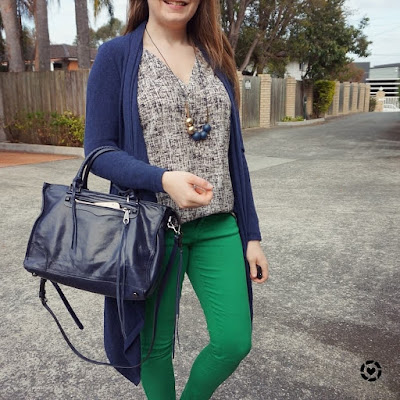 awayfromblue instagram | green asos petite skinny jeans with navy waterfall cardigan, regan bag and printed tank