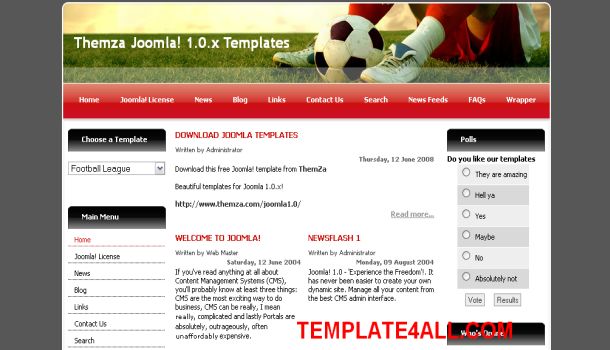 Free Joomla Soccer Dark Gray Red White Template