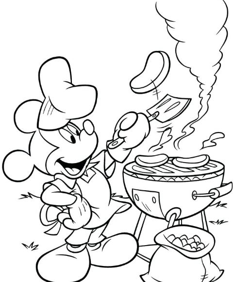 Gambar Memasak Kartun Mickey Memanggang Daging di Kebun 