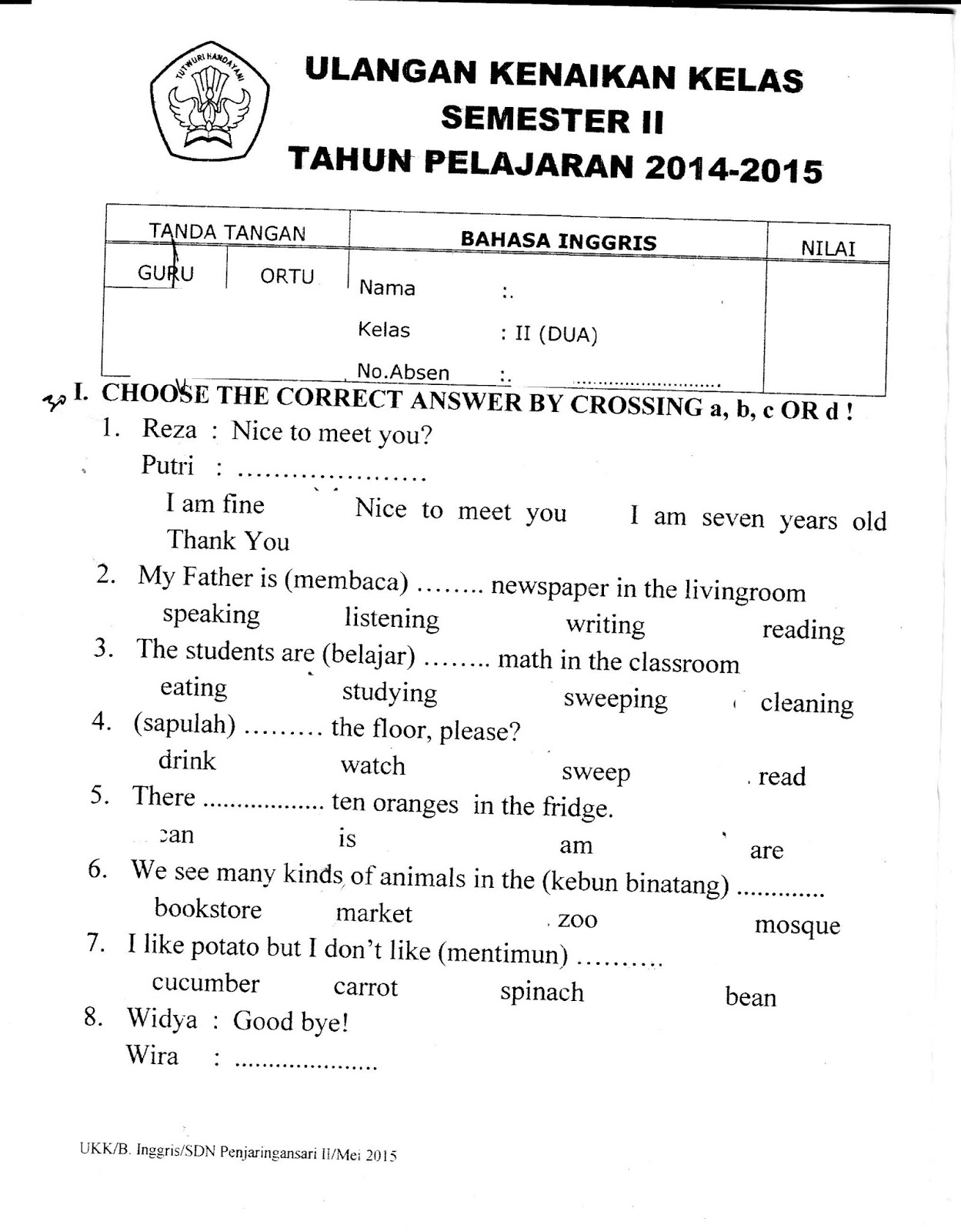 UKK Bahasa Inggris Kelas 2 SD Semester Genap TA 2014 2015 Kurikulum 2013