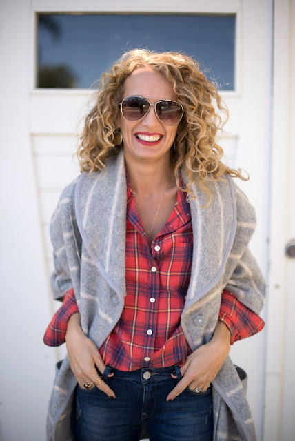 how to layer stripes and plaid for fall