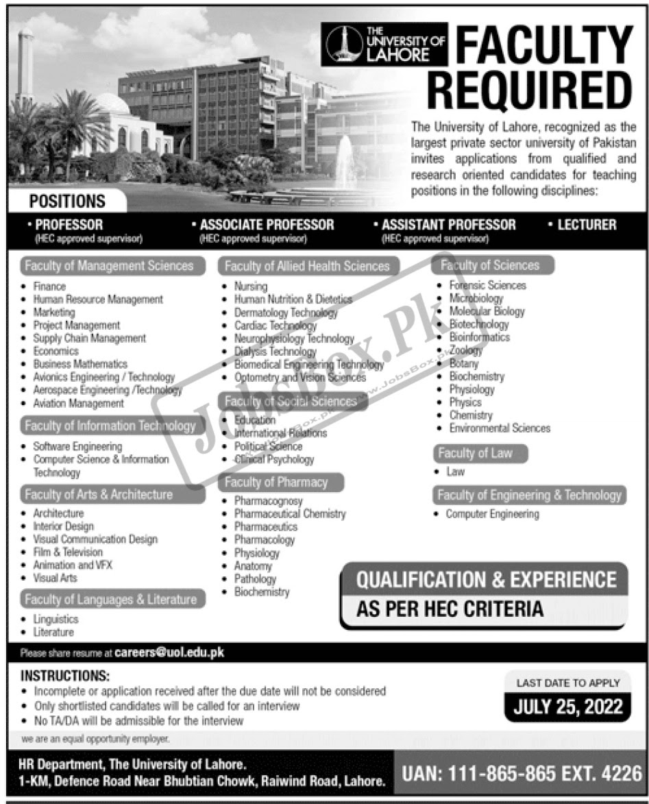 UOL Jobs 2022 - University of Lahore Jobs 2022 - careers@uol.edu.pk Jobs 2022