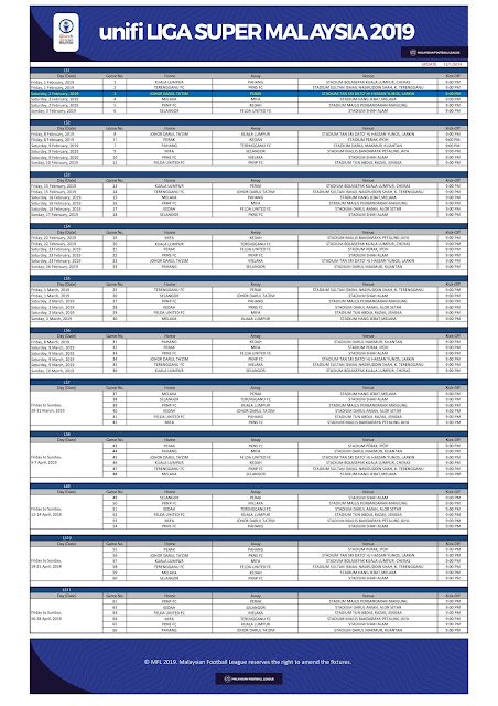 Jadual Penuh Perlawanan Unifi Liga Super Malaysia 2019 dan 