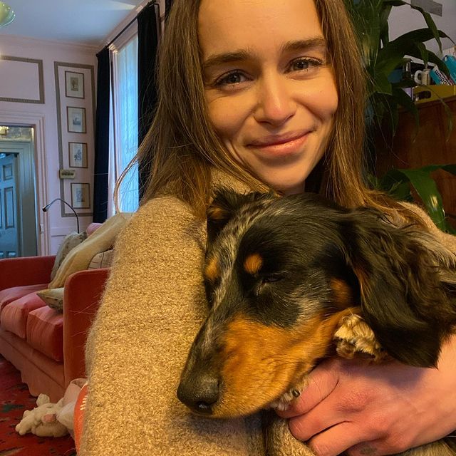 Emilia Clarke, heroine of the game of thrones "Mother of Dragons" in a new appearance with her dog "Ted" in her home isolation