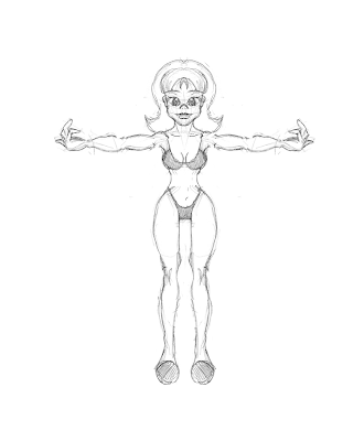 Bikini woman in her 'Frankenstein-ed' T-pose sketch.