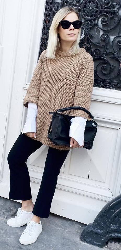 fall fashion outfit: knit + shirt + black pants + bag + sneakers
