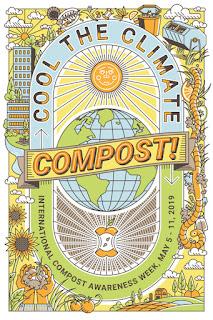 Colorful poster that says' "Cool the Climate - Compost! International Compost Awareness Week May 5-11, 2019" Artwork by Evan Clark, poster contest winner