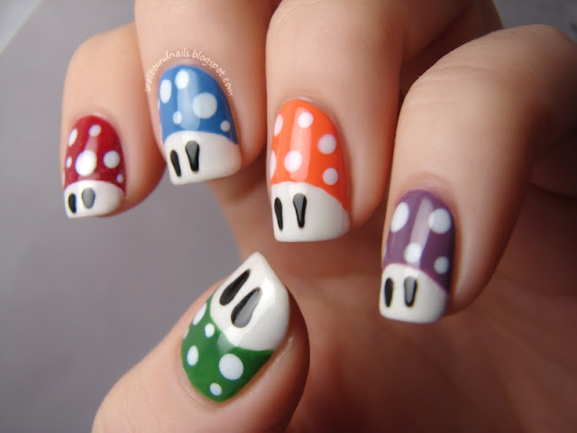 nails nailart nail art mani manicure polish Spellbound ABC Challenge T is for Toadstools Mario mushrooms dots spots red blue orange purple green L.A. Colors Borghese China Glaze Sinful Colors Wet n Wild CQ Pearls Buon Viaggio Mauve black white Adventure Red-y Exotic Green Club Havana Secret Peri-Wink-Le Wii game tutorial character nails